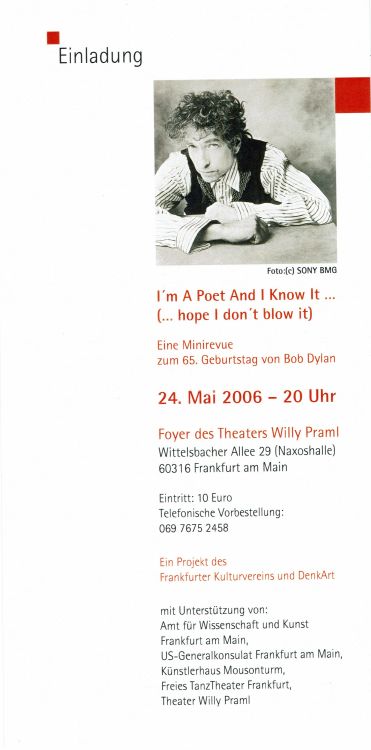 bob dylan I'm A Poet And I Know It Frankfurt-am-Main 2006