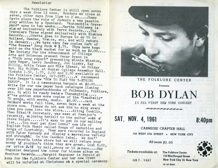 Bob Dylan 1961 folklore center nyc  Programme