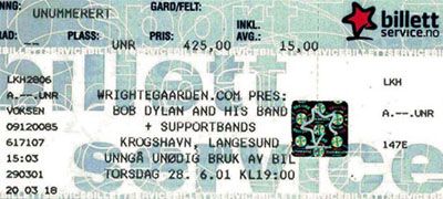 Bob Dylan langesund 28 june 2001 ticket