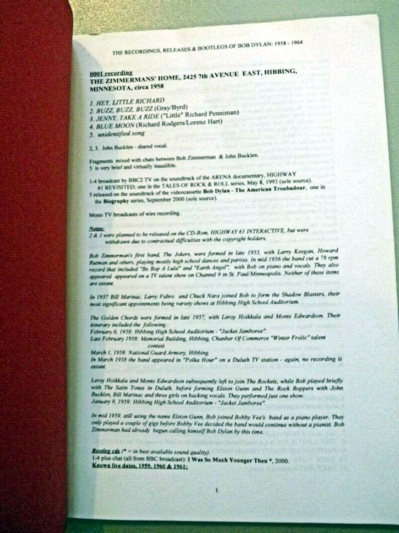 recordings releases & bootlegs Dylan 1958-1964 page 1
