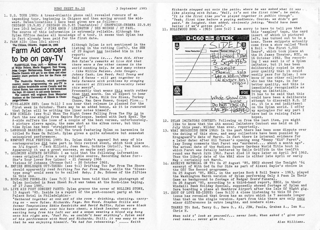News Sheet #10 bob Dylan Fanzine