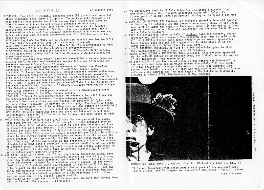 News Sheet #14 bob Dylan Fanzine
