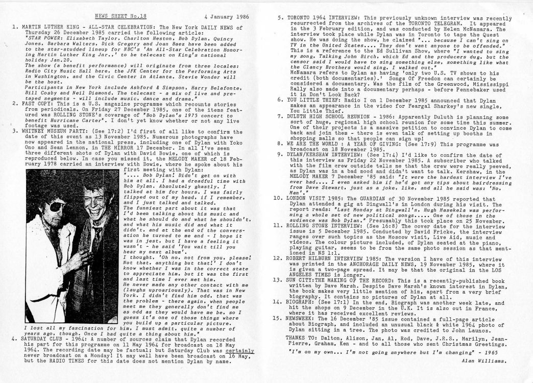News Sheet #18 bob Dylan Fanzine