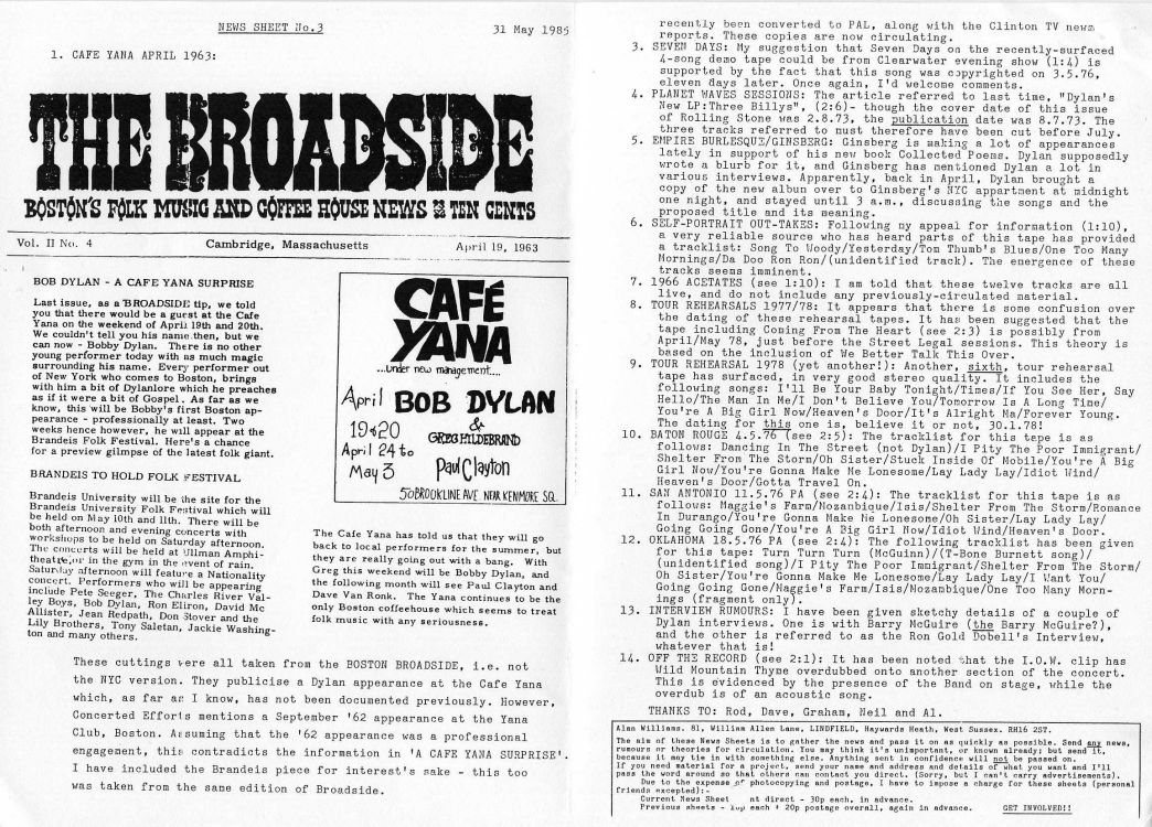 News Sheet #3 bob Dylan Fanzine