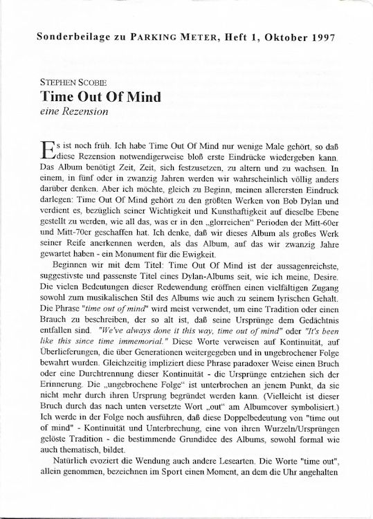 parking meter supplement #1 bob Dylan Fanzine