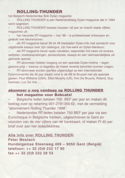 rolling thunder belgium #1 bob Dylan Fanzine