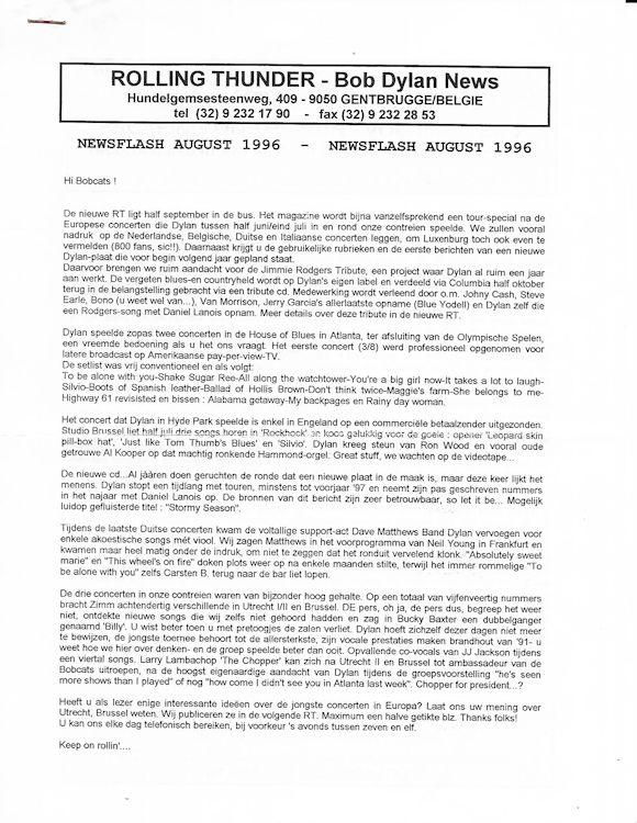 rolling thunder news flash 06 1996 bob Dylan Fanzine