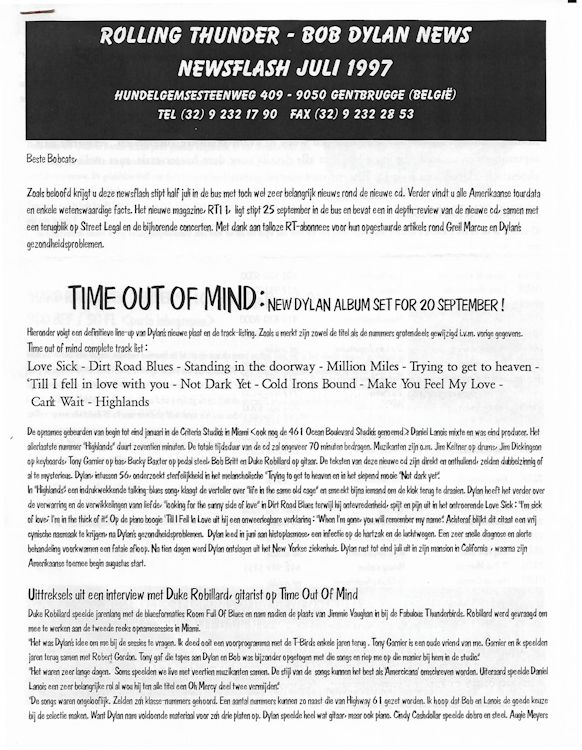 rolling thunder news flash 07 1997 bob Dylan Fanzine