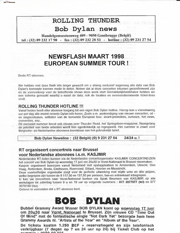 rolling thunder news flash 03 1998 bob Dylan Fanzine