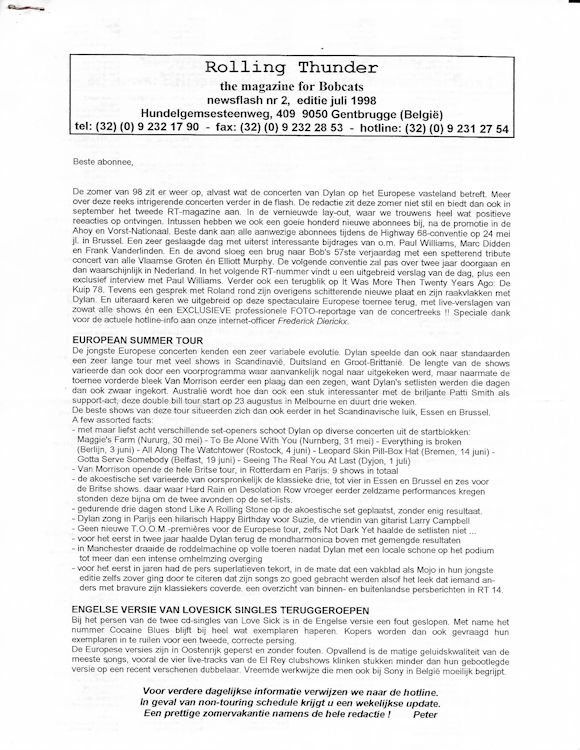 rolling thunder news flash 07 1998 bob Dylan Fanzine