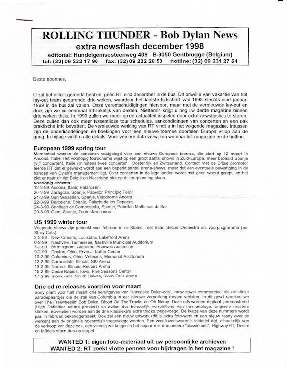 rolling thunder news flash 12 1998 bob Dylan Fanzine