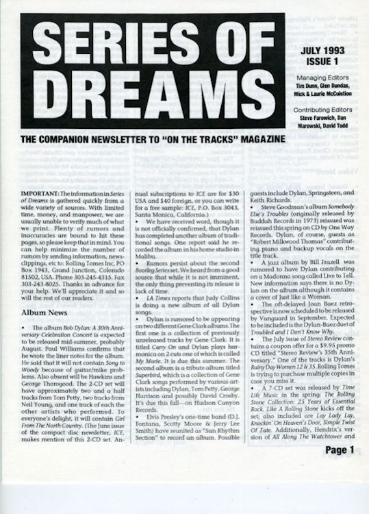series of dreams #1 bob Dylan newsletter