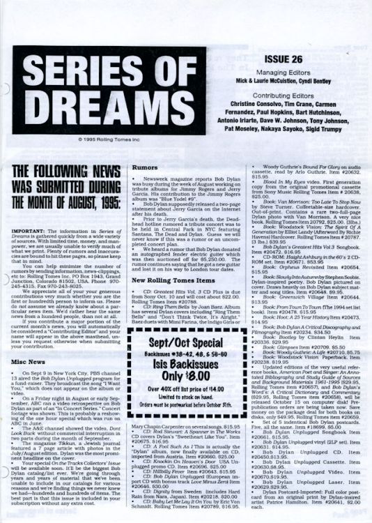 series of dreams #26 bob Dylan newsletter