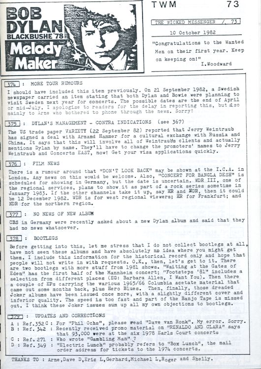 the wicked messenger 73 bob Dylan newsletter