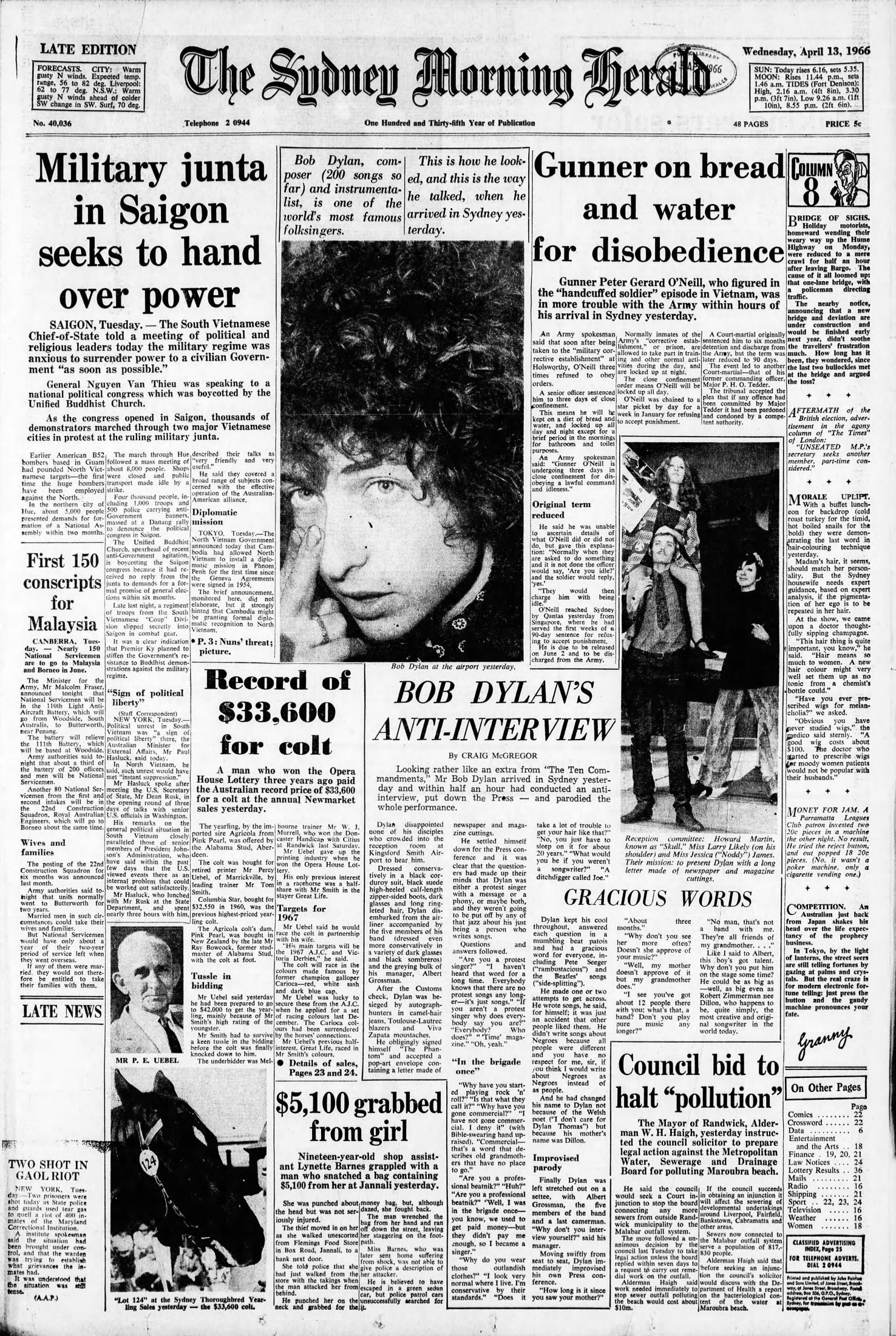 the sydney morning herald 1966 Bob Dylan front cover