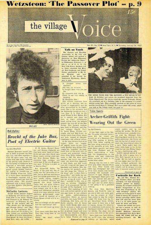 Village voice magazine Bob Dylan front cover 26 Janvier 1967