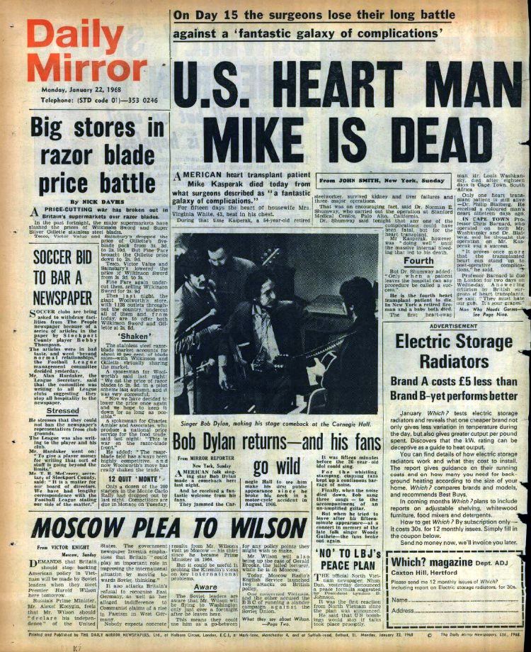 daily mirror 22 jan 69 Bob Dylan front cover