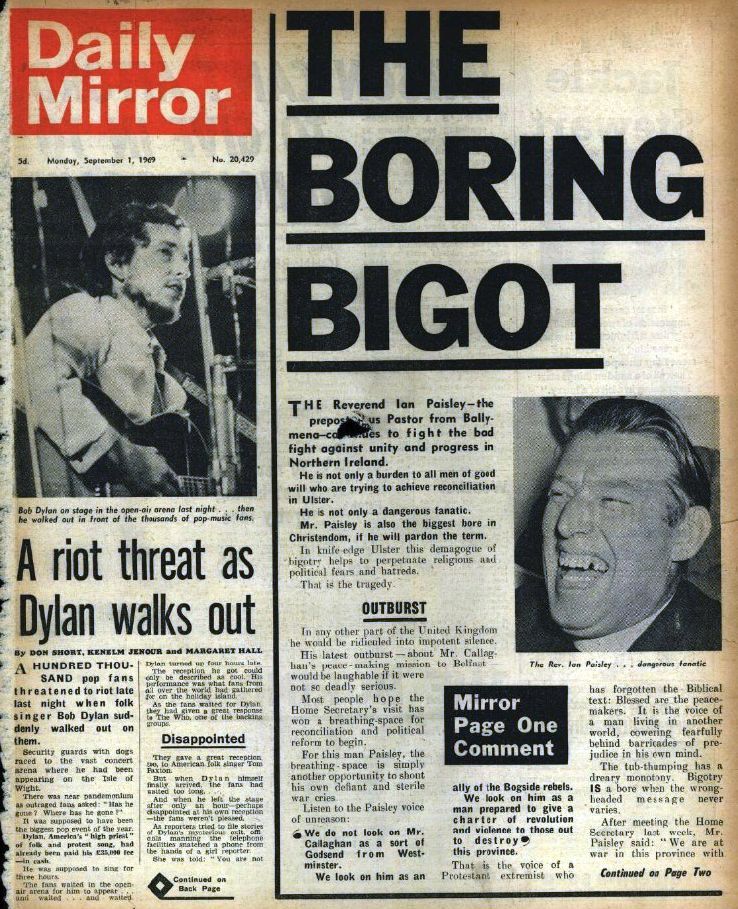 daily mirror 1 sep 69 Bob Dylan front cover
