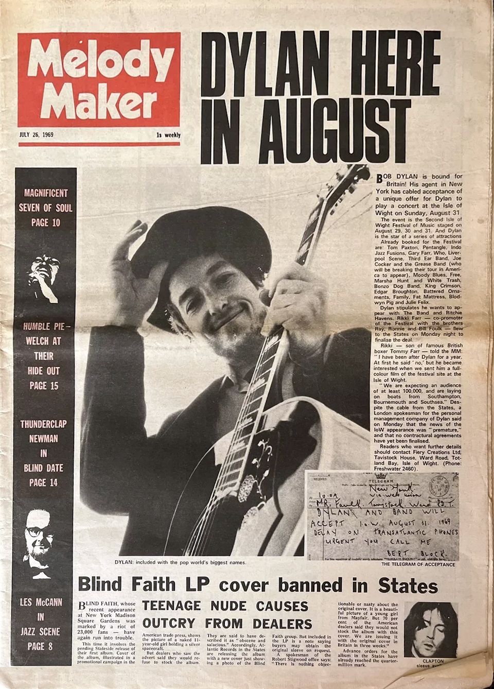 Melody Maker 26 July 1969 Bob Dylan front cover