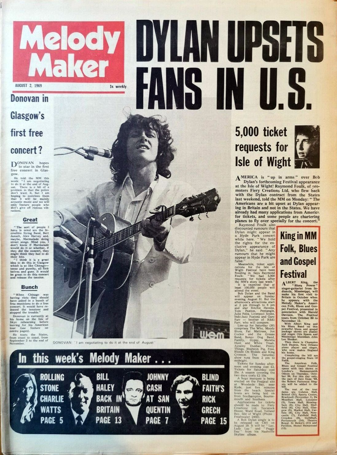 Melody Maker 2 August 1969 Bob Dylan front cover
