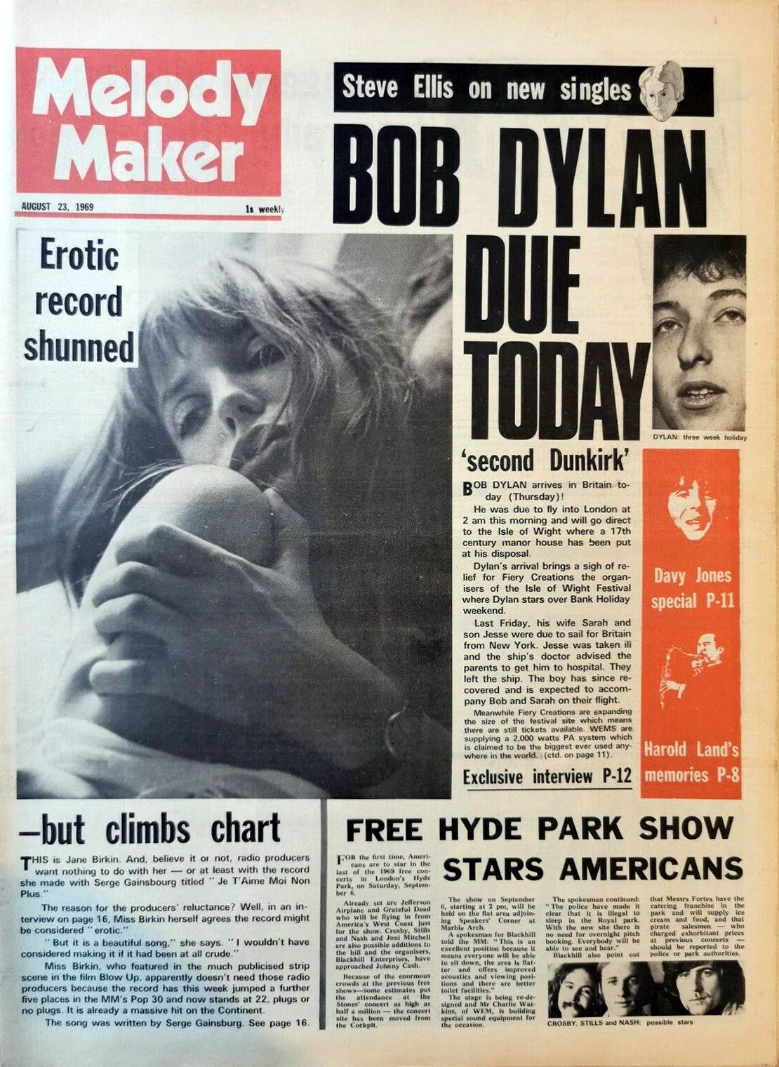 Melody Maker 23 August 1969 Bob Dylan front cover