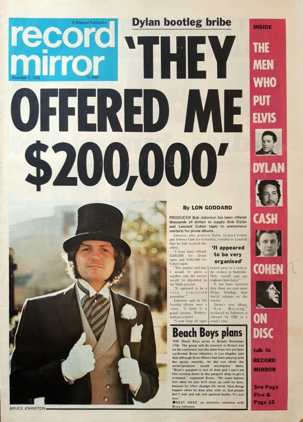 record mirror magazine 7 november 1970 Bob Dylan front cover