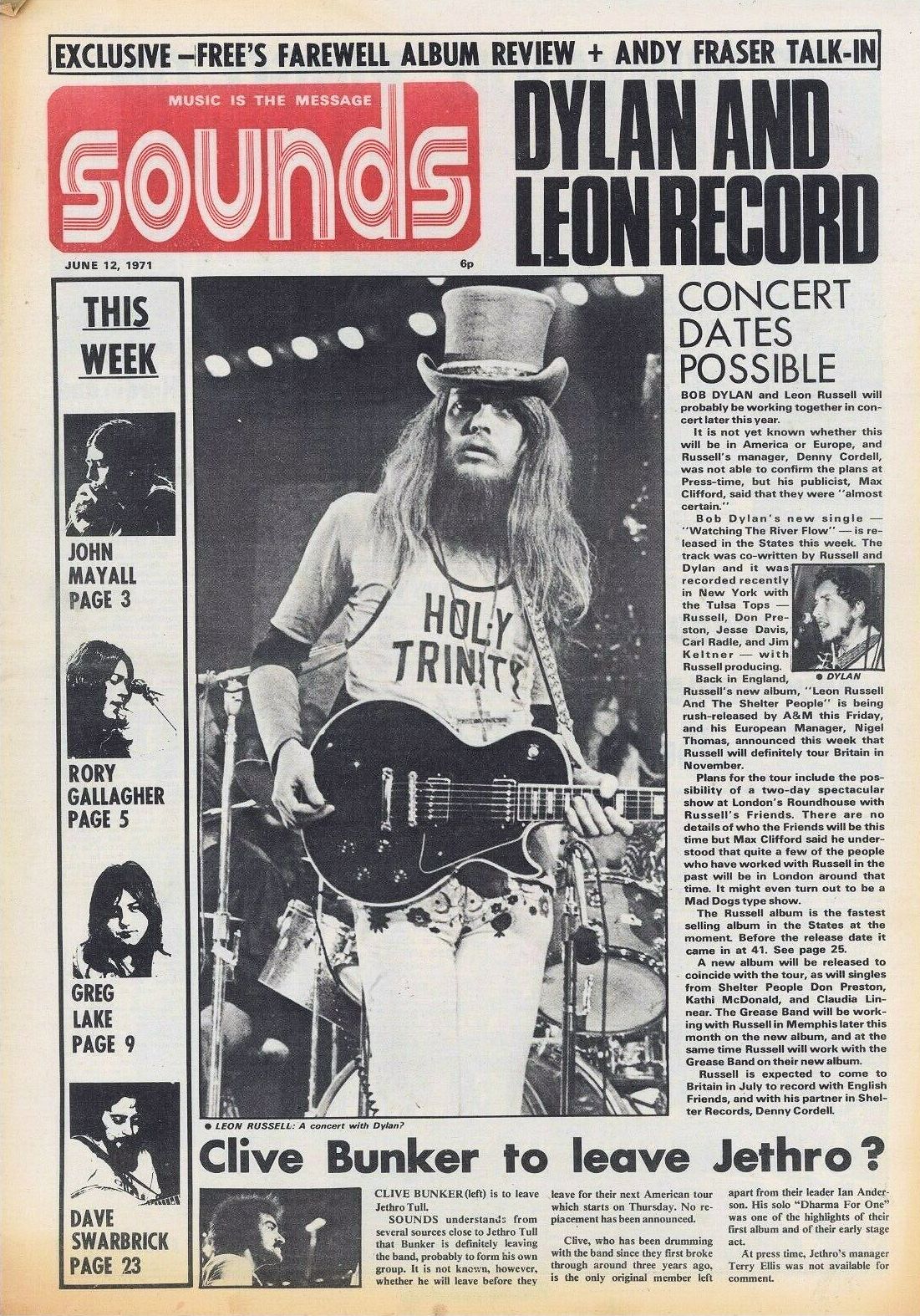 sounds magazine uk 12 june 1971 Bob Dylan front cover