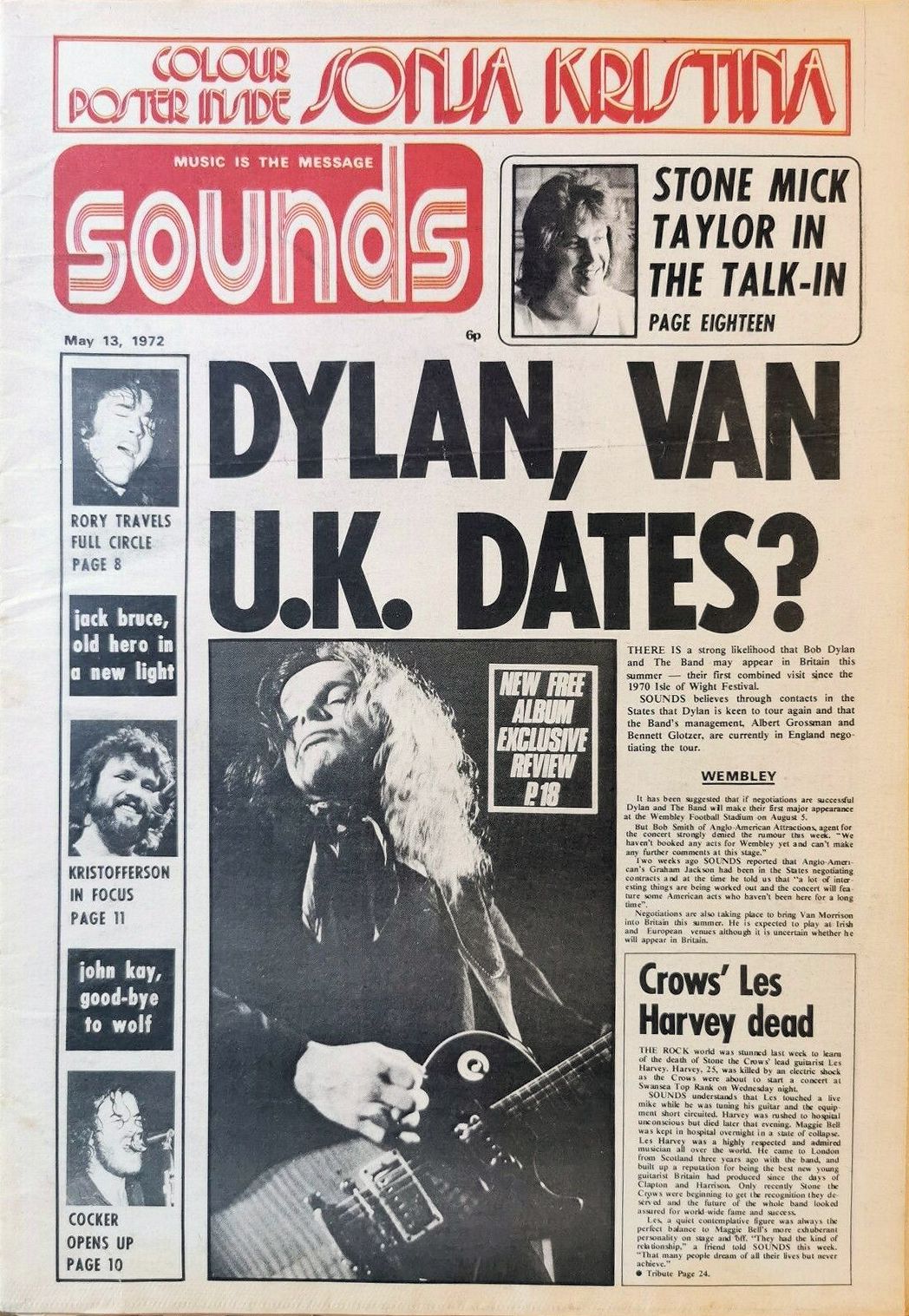 sounds magazine uk 13 May 1972 Bob Dylan front cover