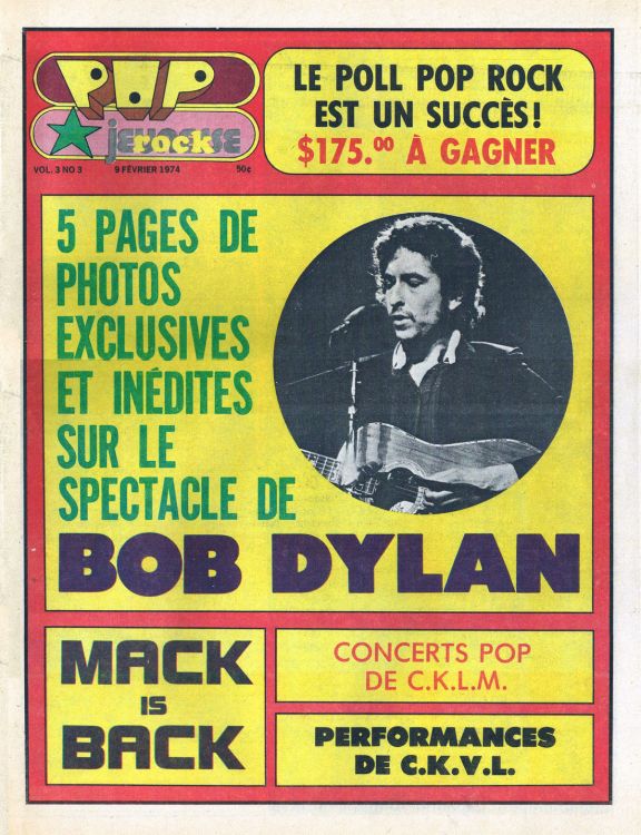 pop rock canada magazine 9 February 1974 Bob Dylan front cover