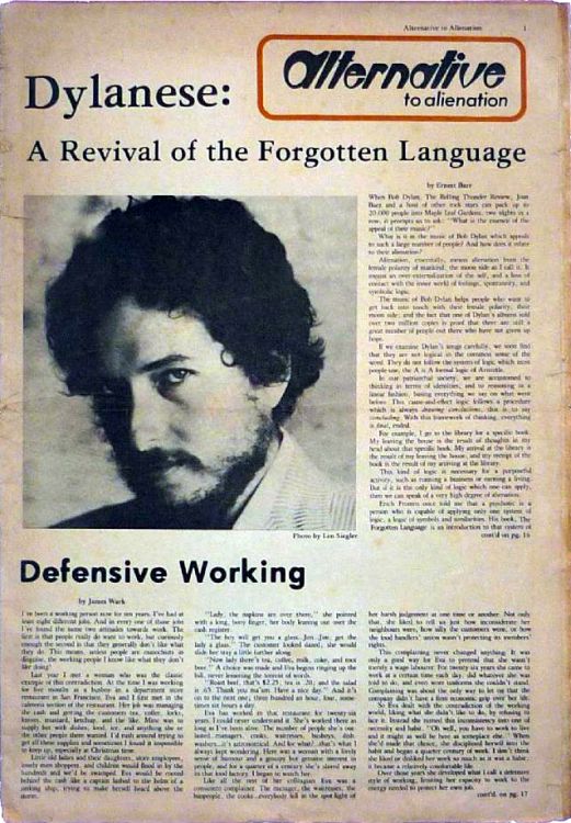 alternative to alienation magazine Bob Dylan front cover