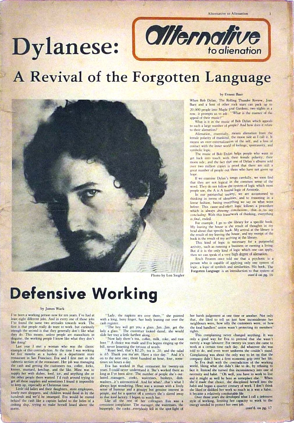 alternative to alienation magazine Bob Dylan front cover