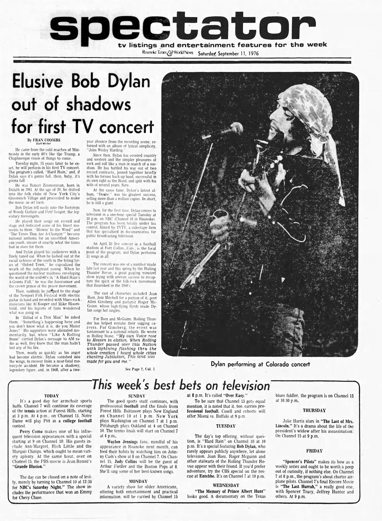 roanoke times Bob Dylan front cover