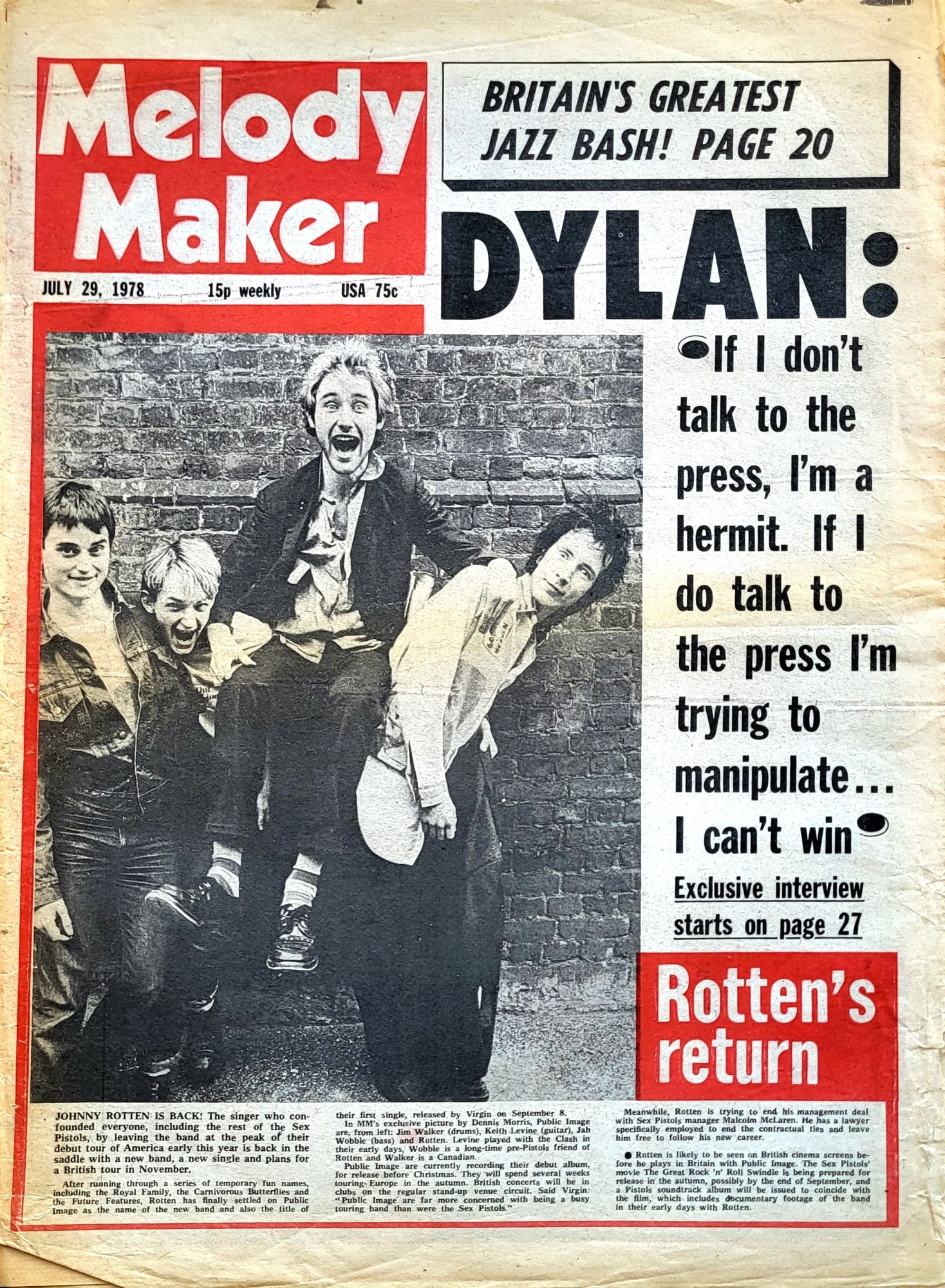 Melody Maker 29 July 1978 Bob Dylan front cover