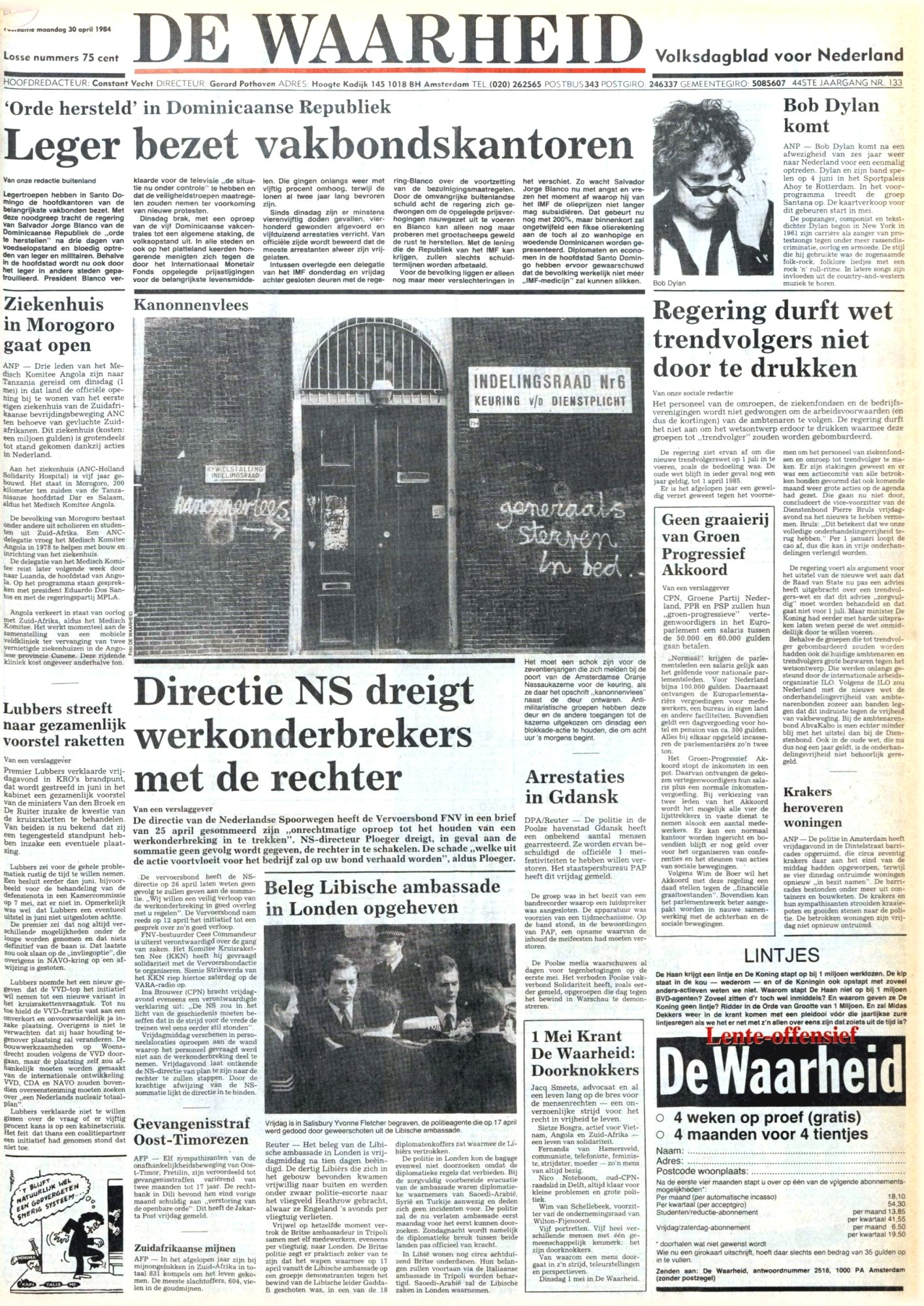 de waarheid 30 04 1984 Bob Dylan front cover