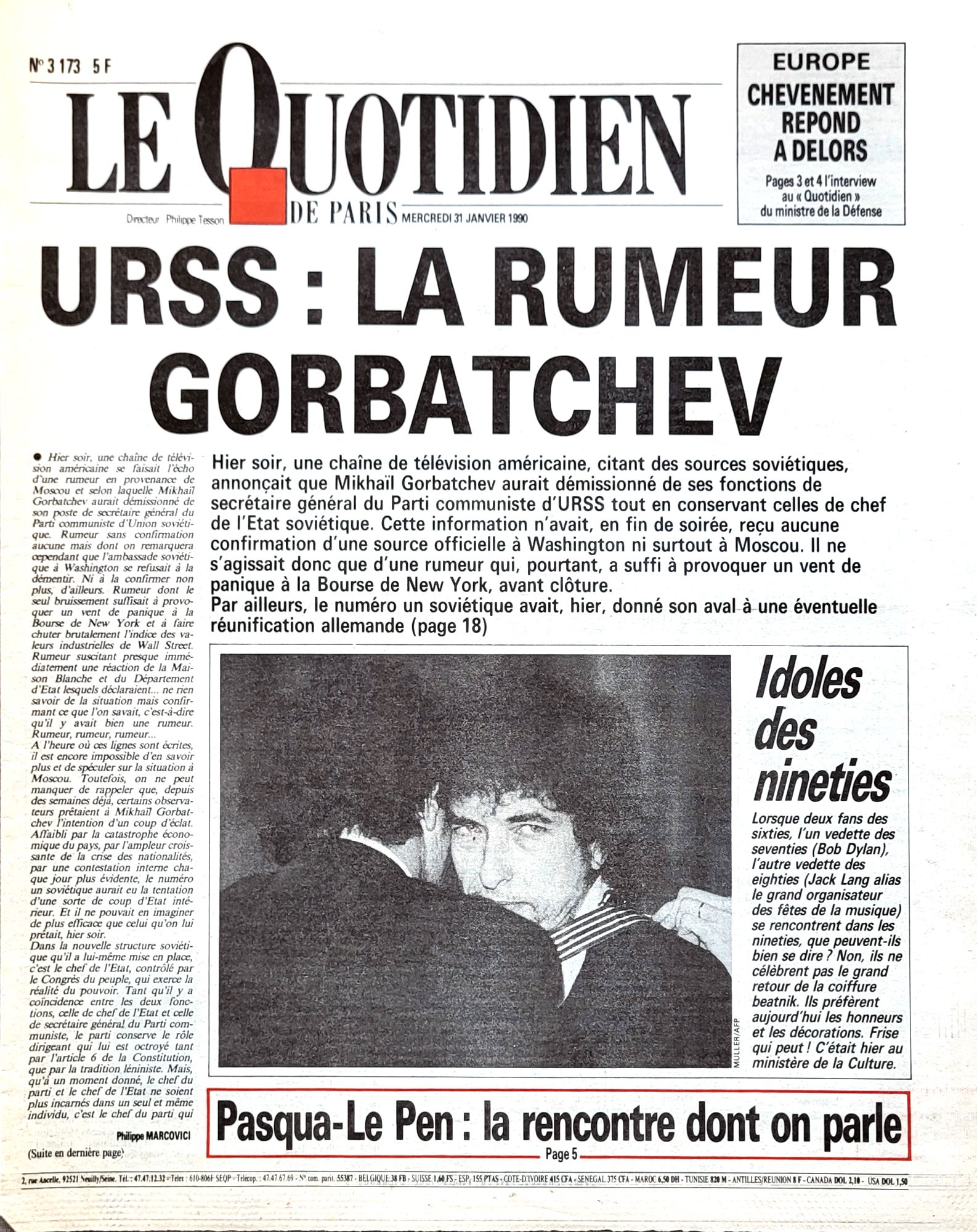 le quotidien de paris Bob Dylan front cover