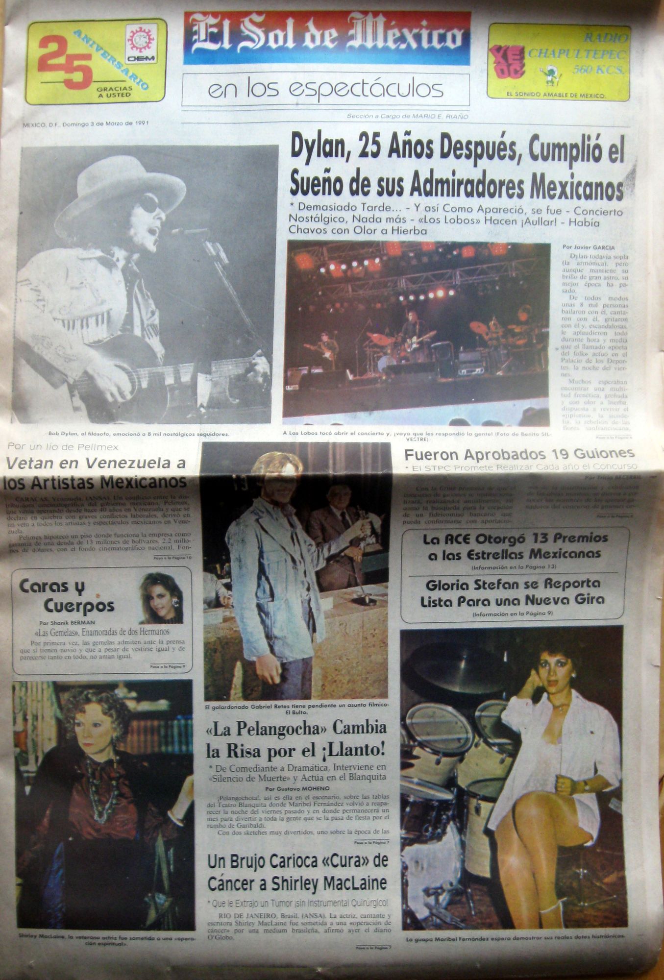 EL SOL DE MEXICO 3 3 1991 Bob Dylan front cover