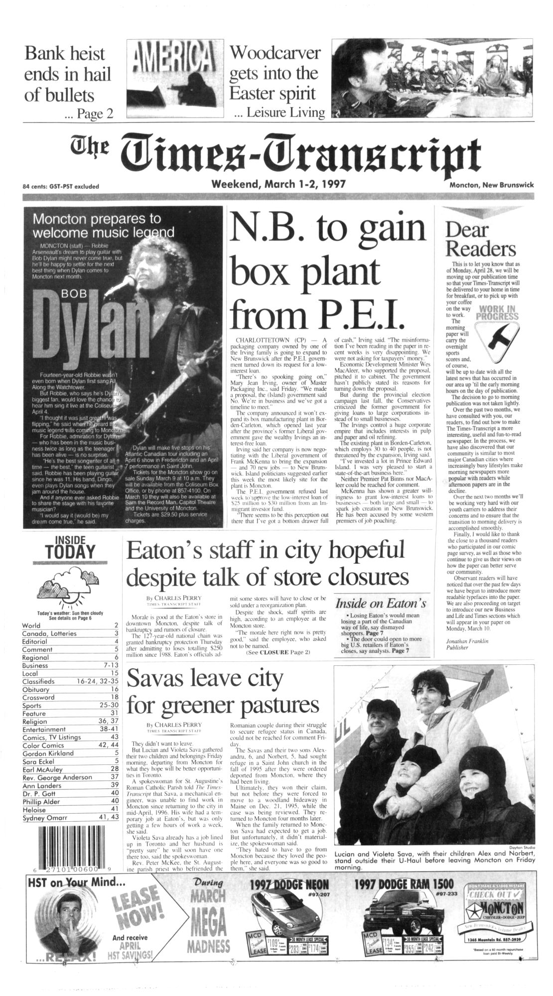 Times & Transcript Bob Dylan front cover