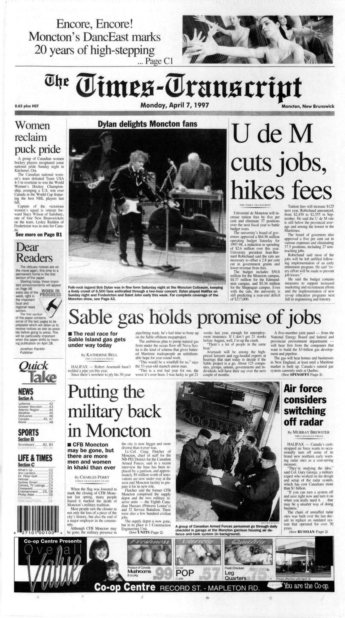 Times & Transcript Bob Dylan front cover