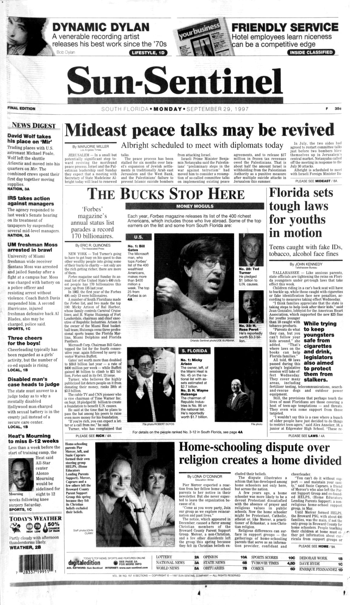 Sun Sentinel Bob Dylan front cover