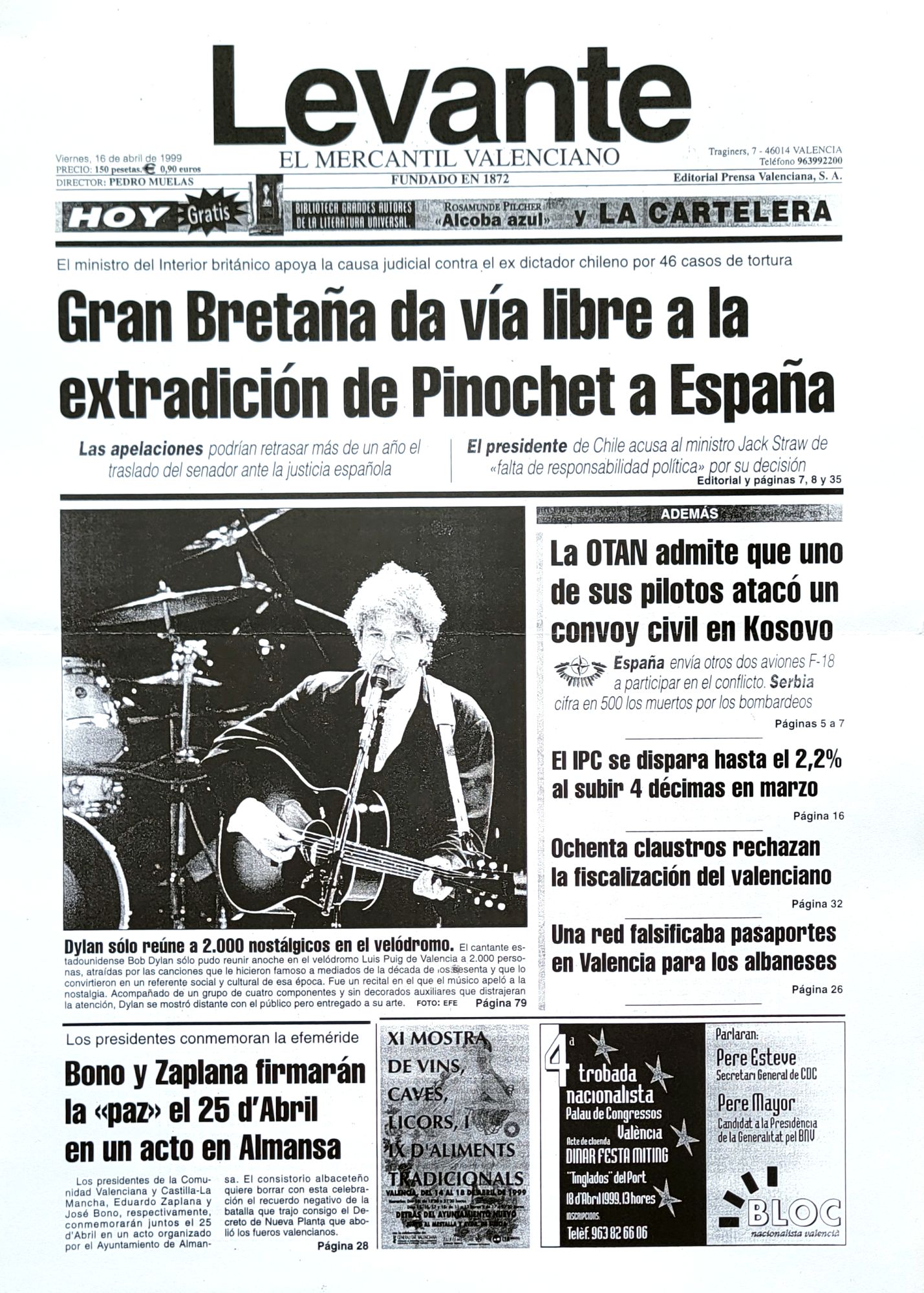 Levante 16 april 1999 Bob Dylan front cover