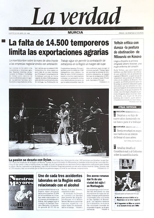 La Verdad de Murcia 20 April 1999 Bob Dylan front cover
