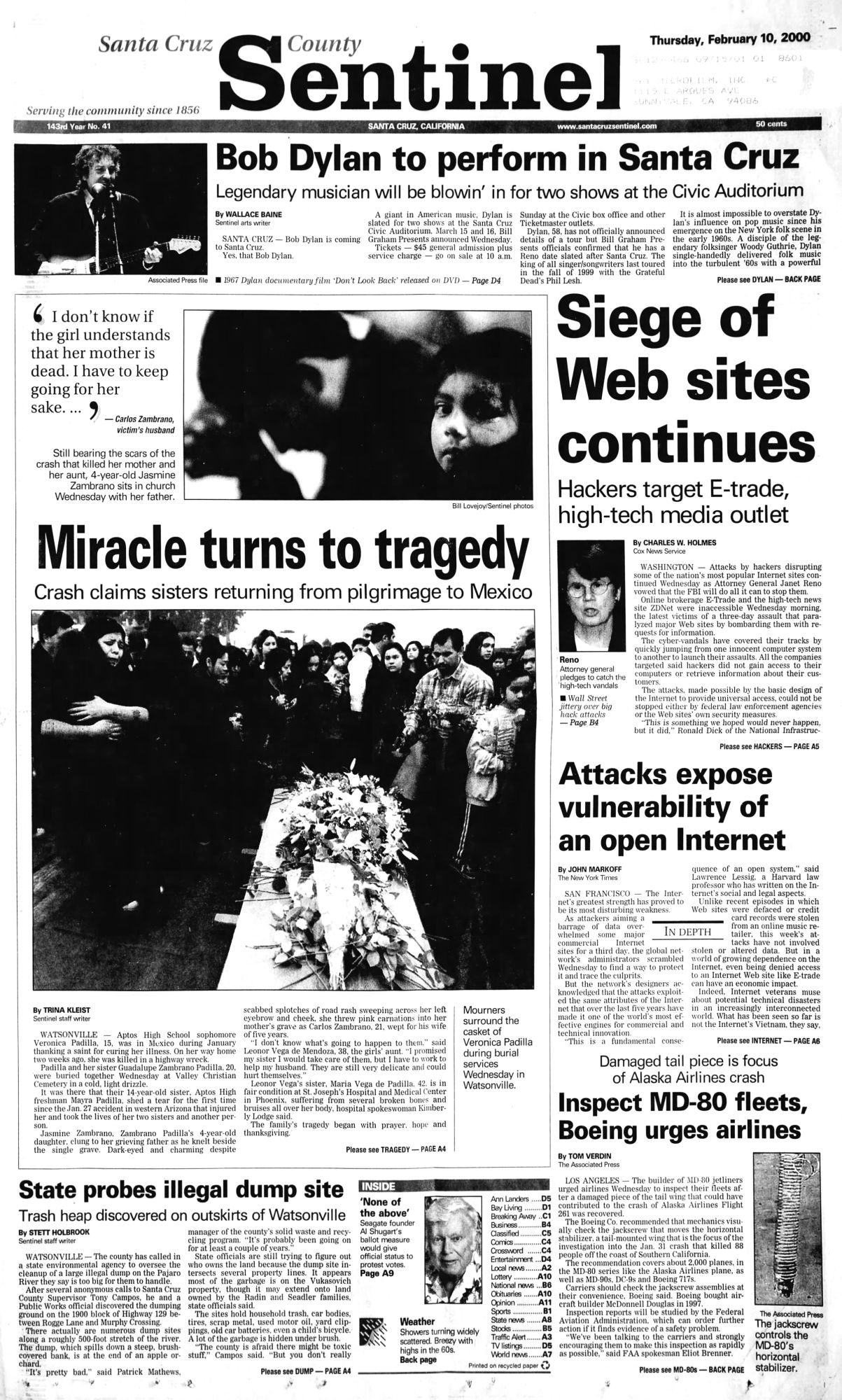 santa cruz sentinel Bob Dylan front cover