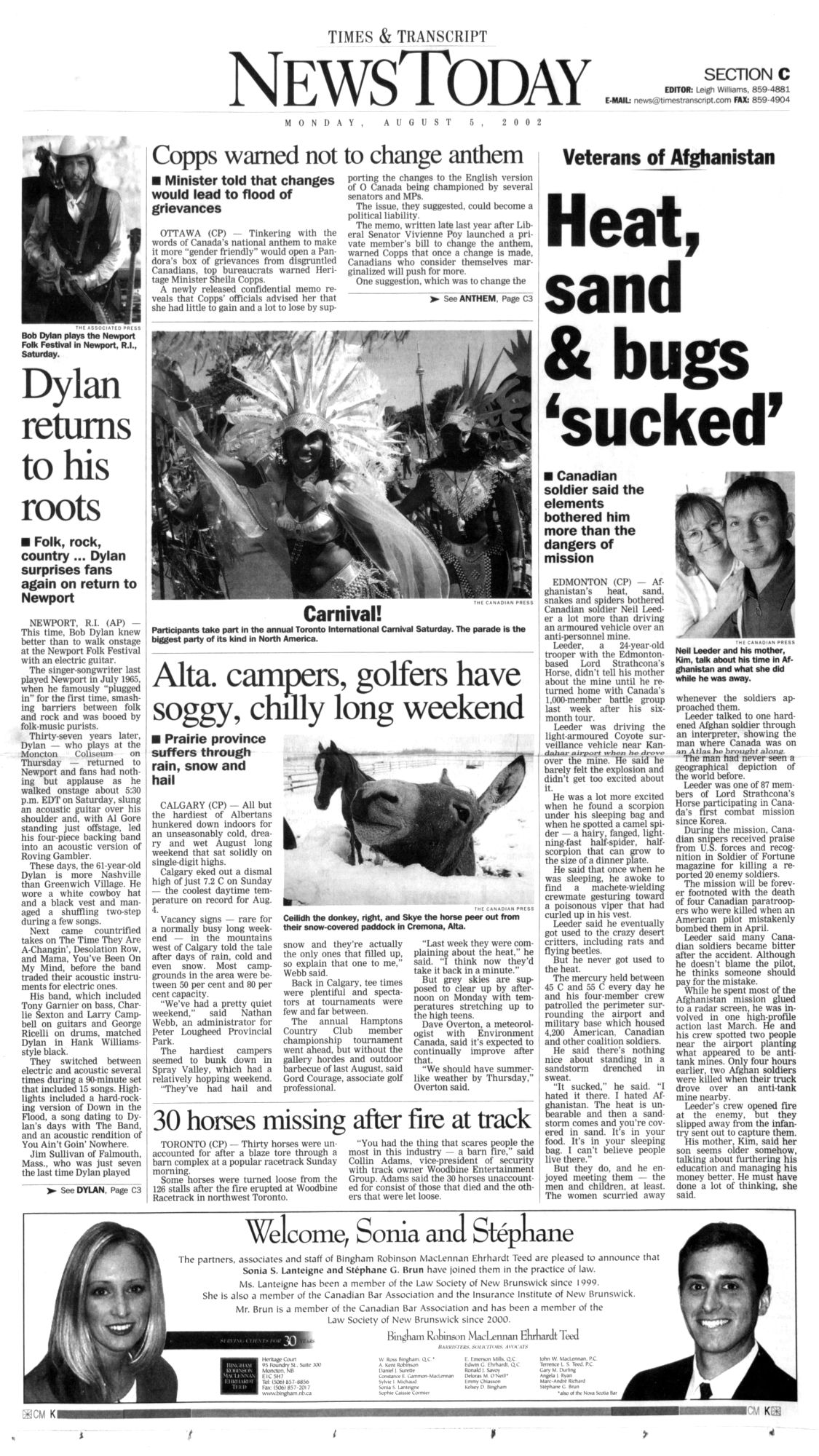Times & Transcript Bob Dylan front cover