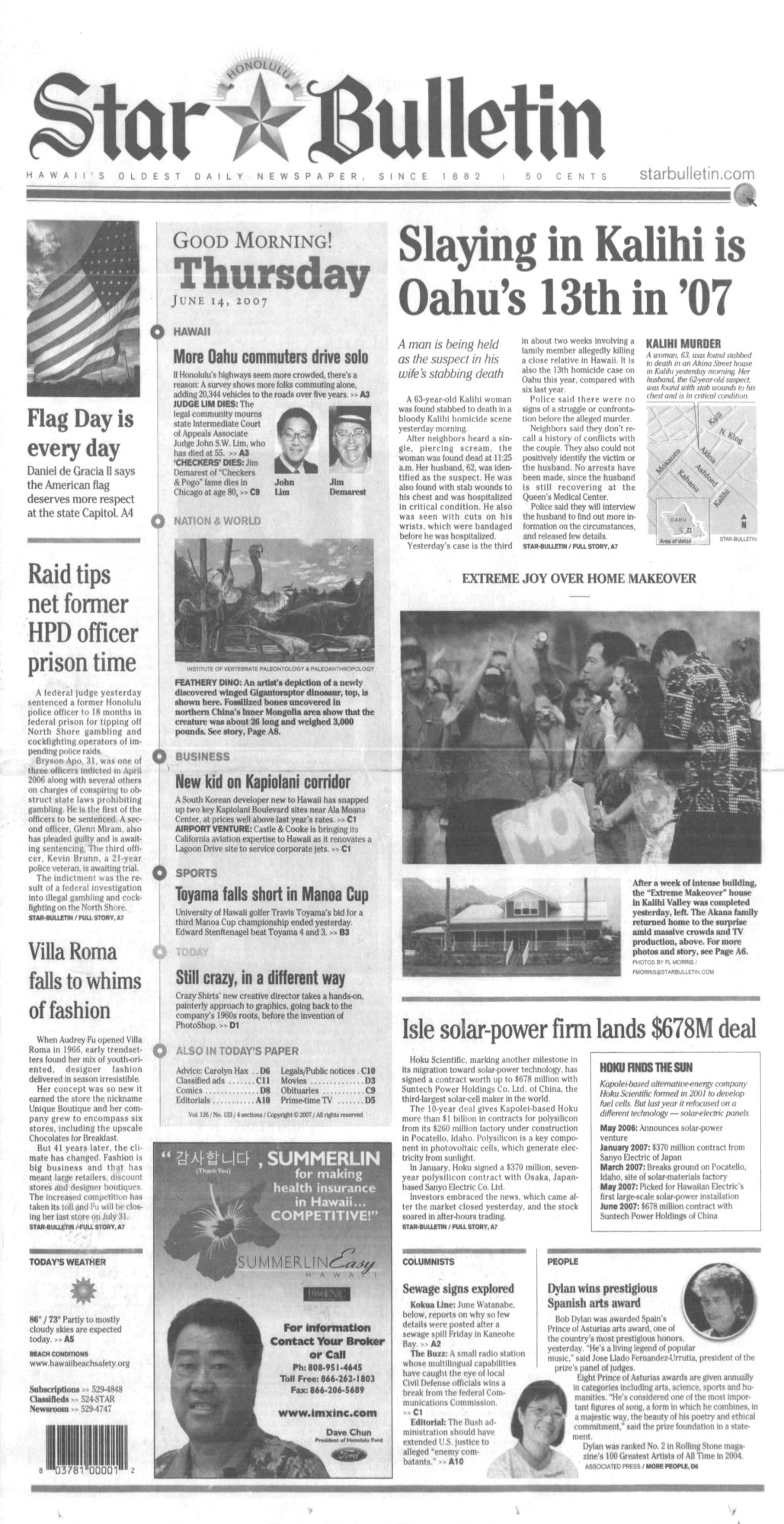 Honolulu Star Bulletin Bob Dylan front cover