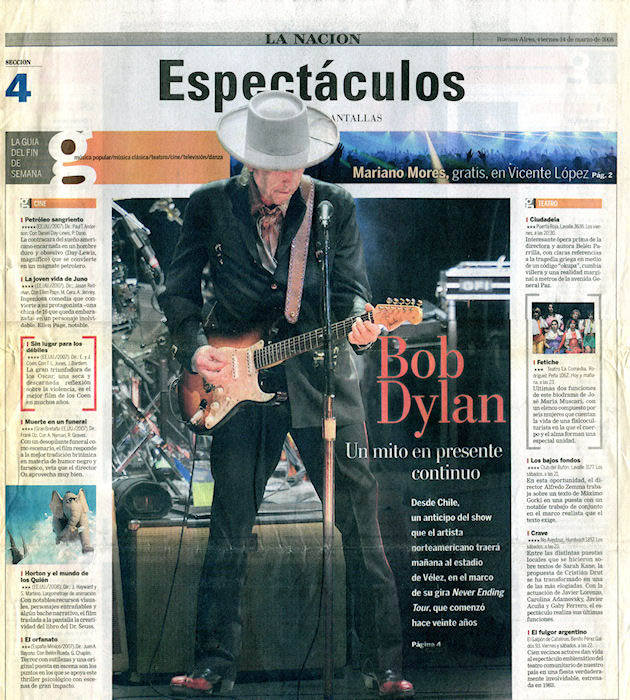 revista la nacion 14 march 2008magazine Bob Dylan front cover