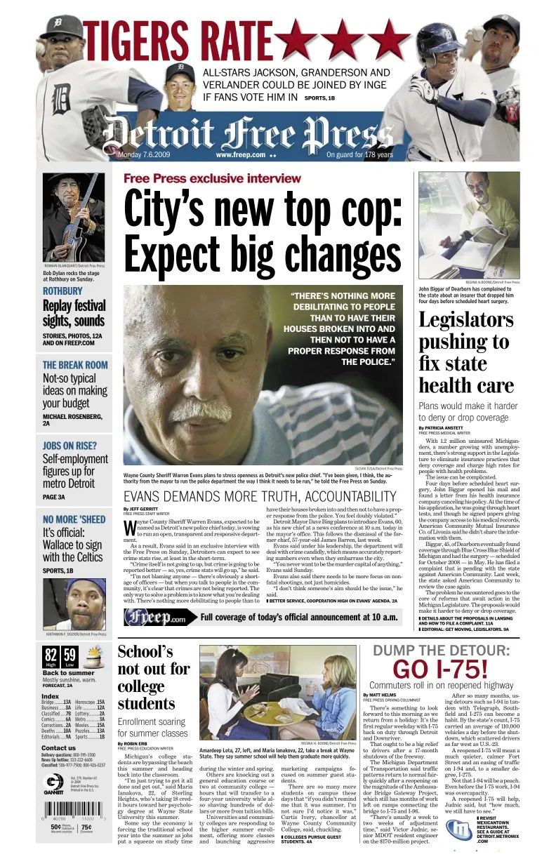 the detroit free press Bob Dylan front cover