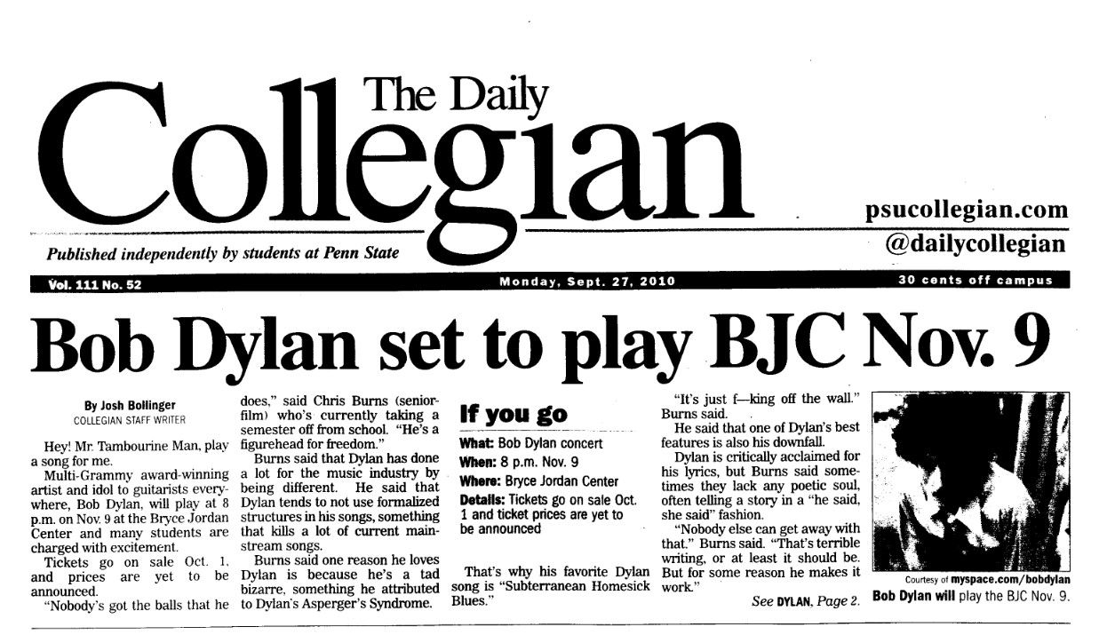 The daily collegian bob dylan front cover