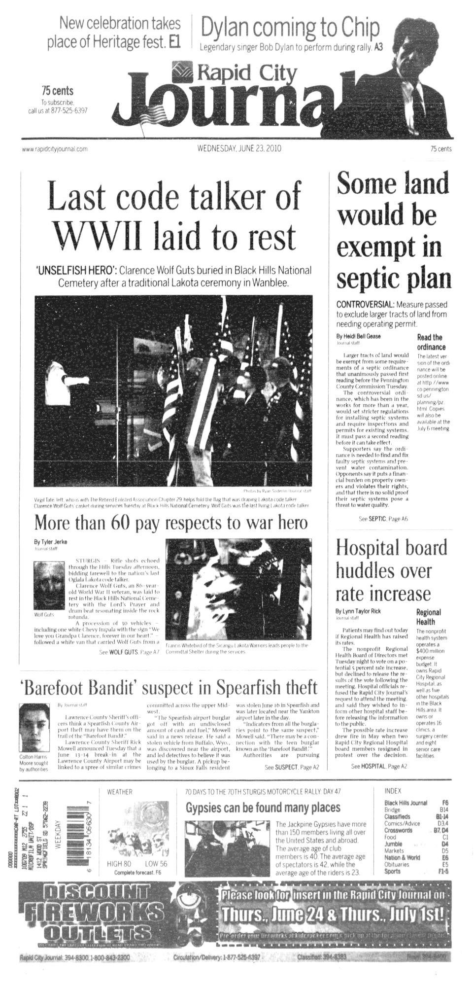 Rapid City Journal Bob Dylan front cover