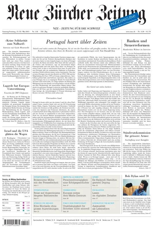 NEUE ZÜRCHER ZEITUNG Bob Dylan front cover