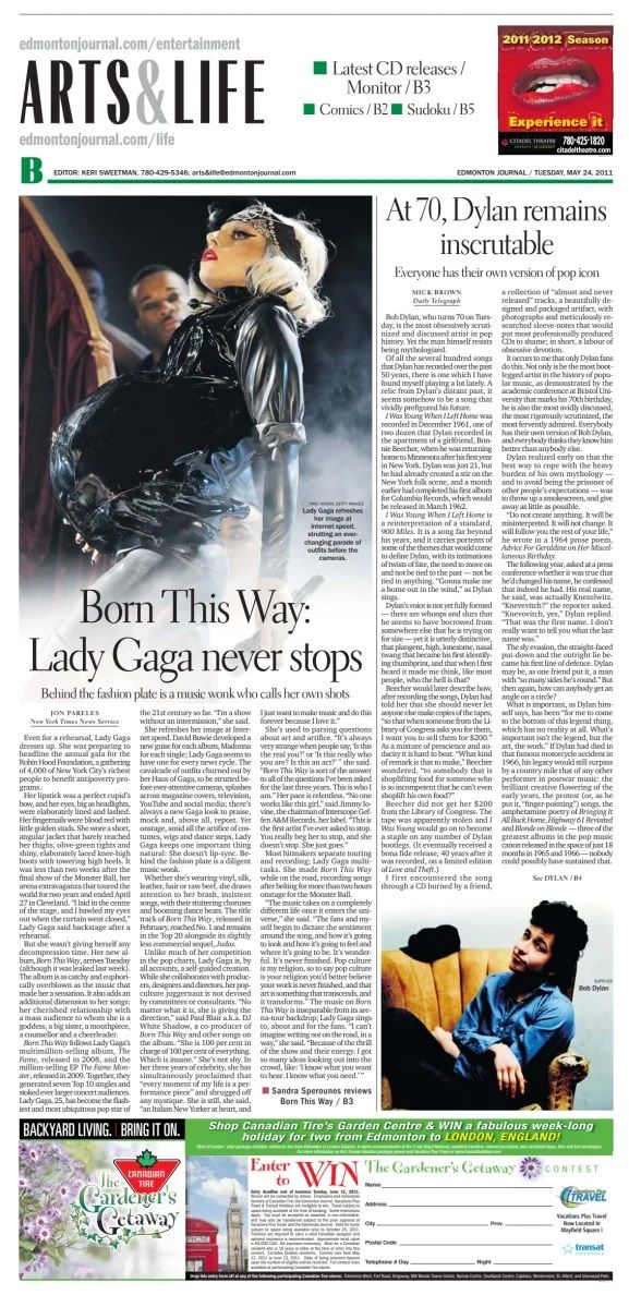 Edmonton Journal Bob Dylan front cover